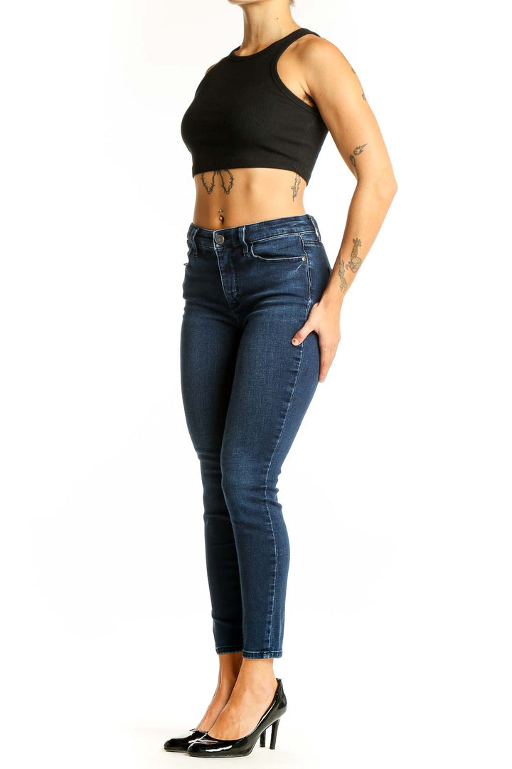 Front view of Talbots dark blue skinny jeans on model