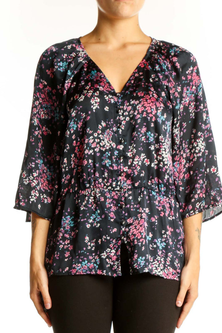Front view of Banana Republic black floral print V-neck blouse