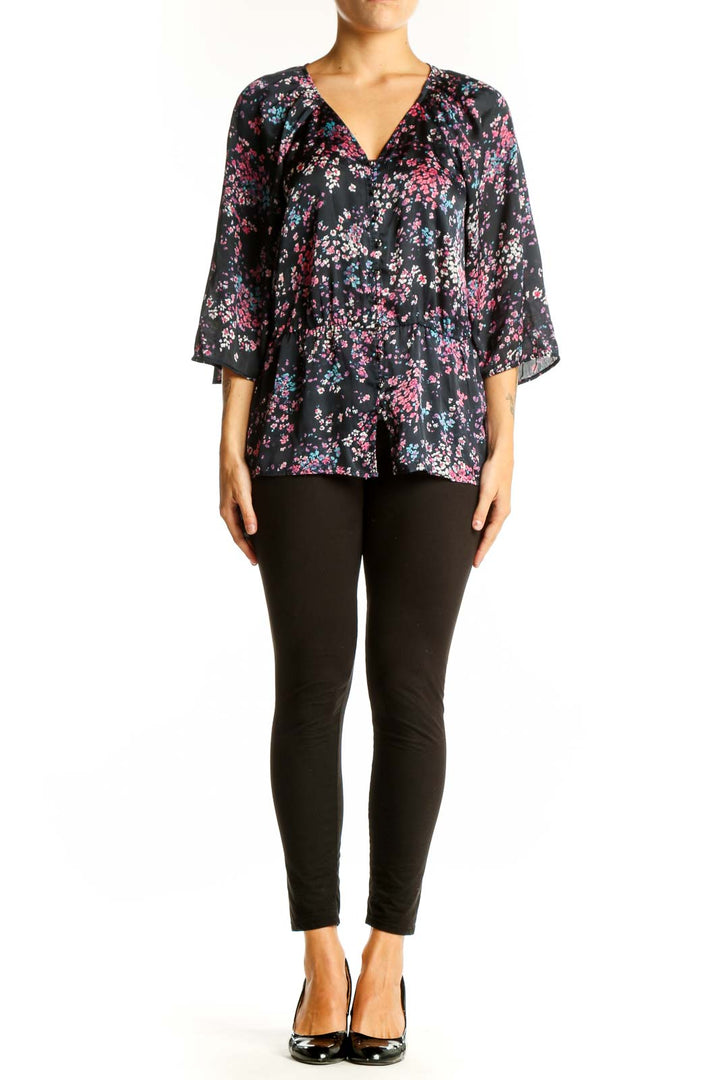 Front view of Banana Republic black floral print V-neck blouse
