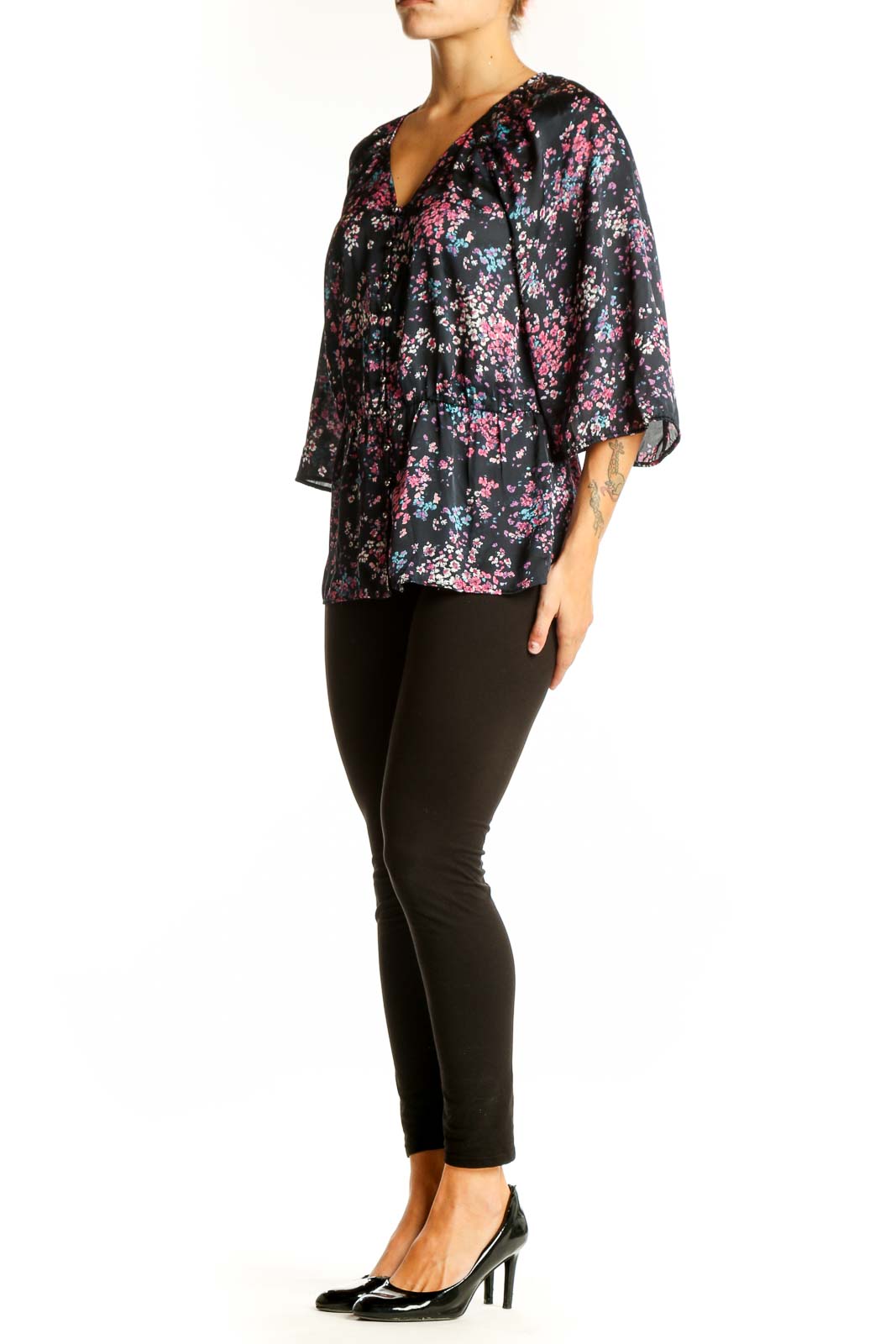 Front view of Banana Republic black floral print V-neck blouse