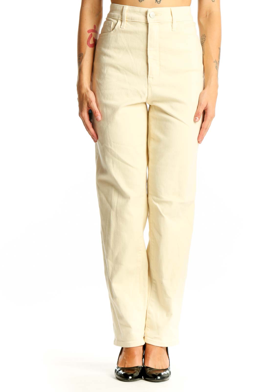 Front view of Athleta cream high-waisted straight leg jeans
