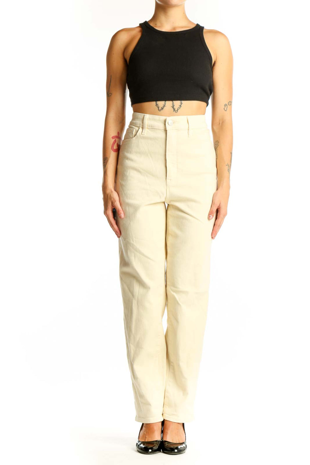 Front view of Athleta cream high-waisted straight leg jeans