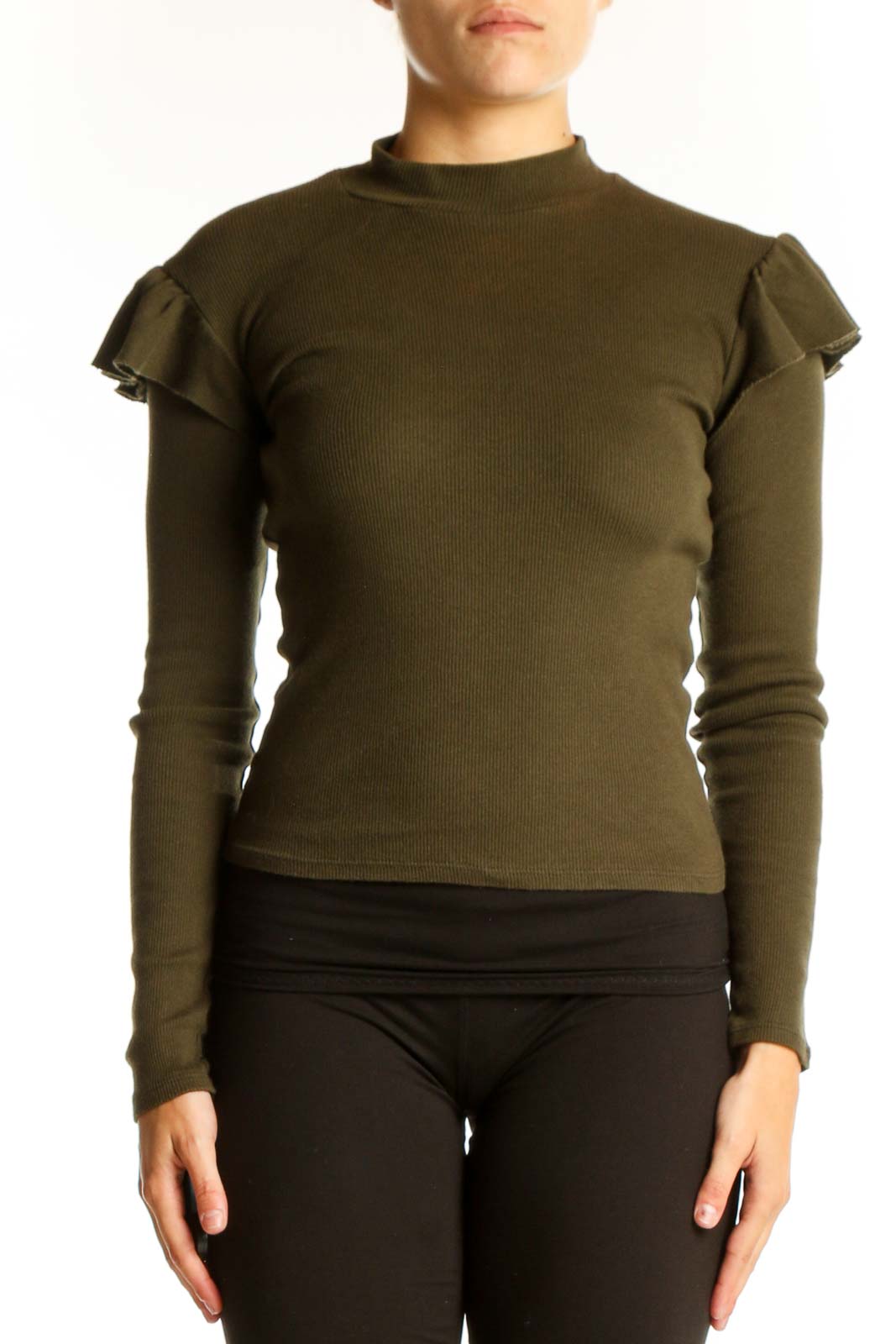 Front view of olive ribbed top with ruffle sleeves from Zara Trafaluc