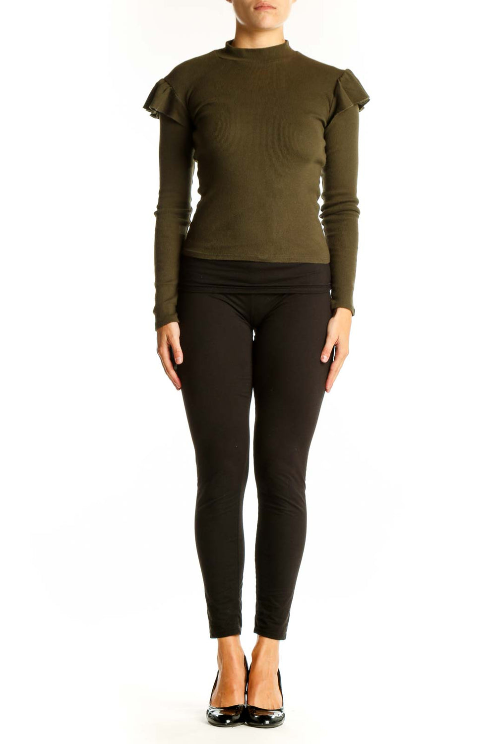 Front view of olive ribbed top with ruffle sleeves from Zara Trafaluc