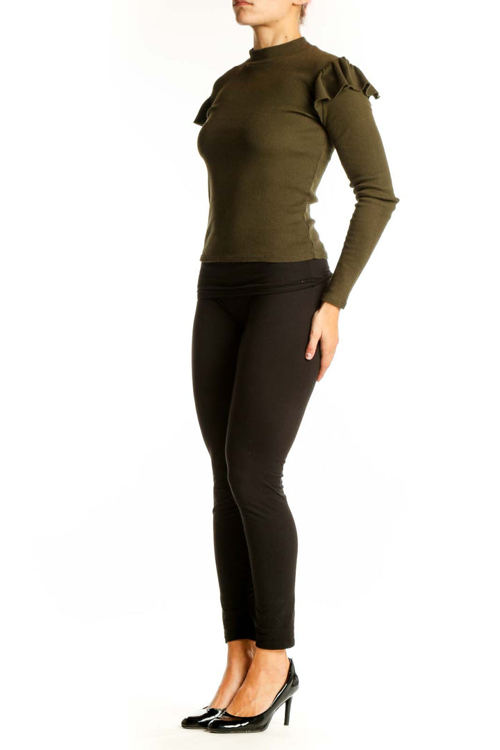 Front view of olive ribbed top with ruffle sleeves from Zara Trafaluc