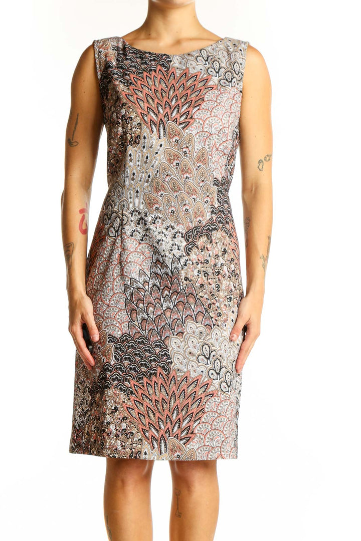 Front view of SilkRoll multicolor peacock print sheath dress