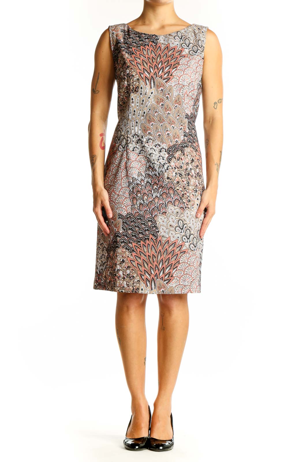 Front view of SilkRoll multicolor peacock print sheath dress