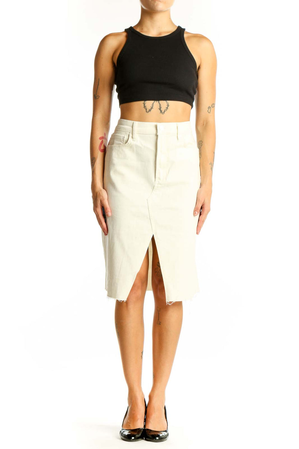 Front view of Joe's cream denim midi skirt with front slit and raw hem