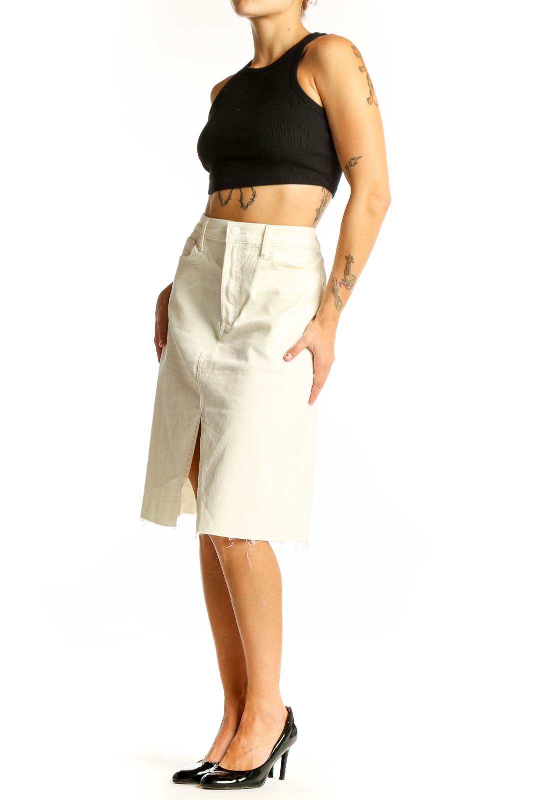 Front view of Joe's cream denim midi skirt with front slit and raw hem
