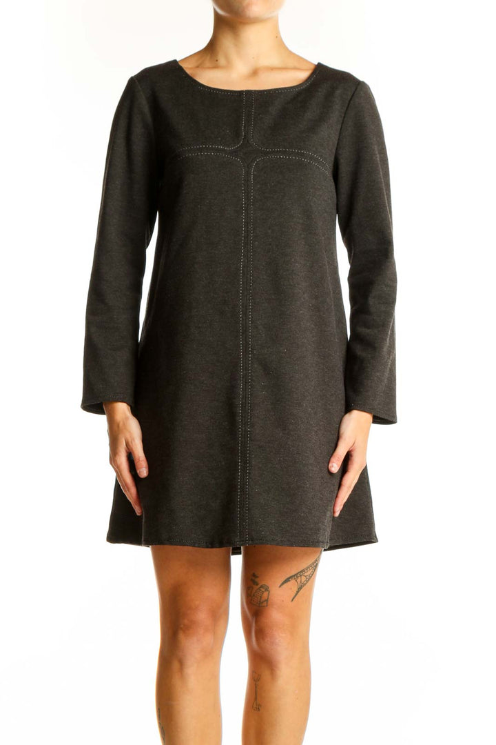 Front view of Studio M charcoal long sleeve A-line mini dress