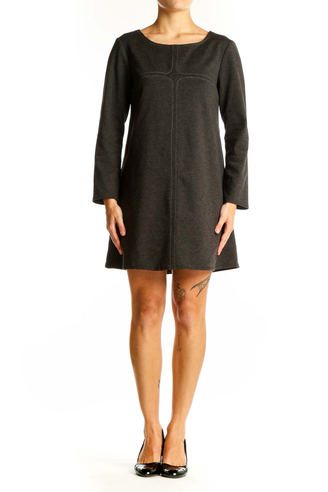 Front view of Studio M charcoal long sleeve A-line mini dress