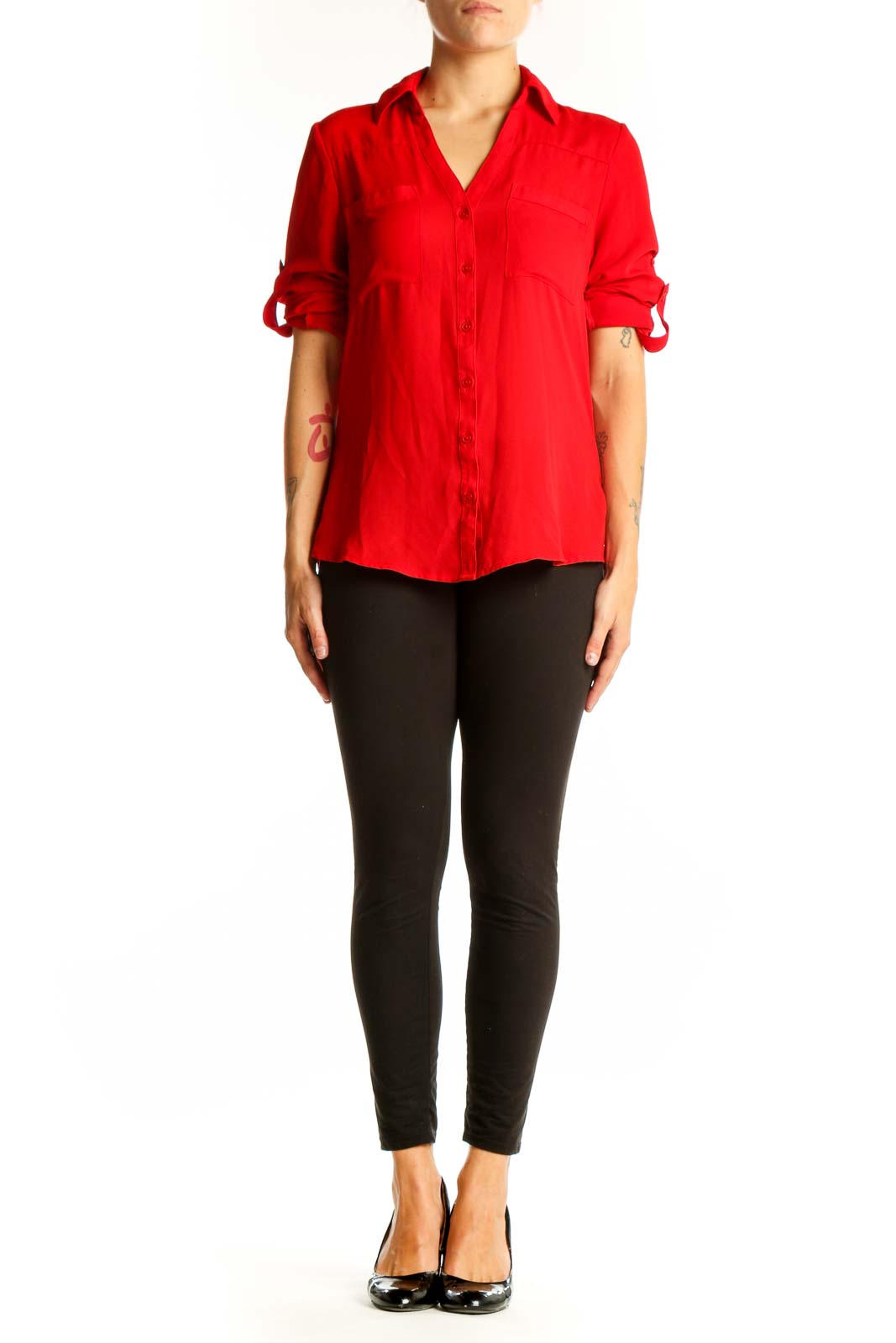 Front view of red Express polyester button-down blouse