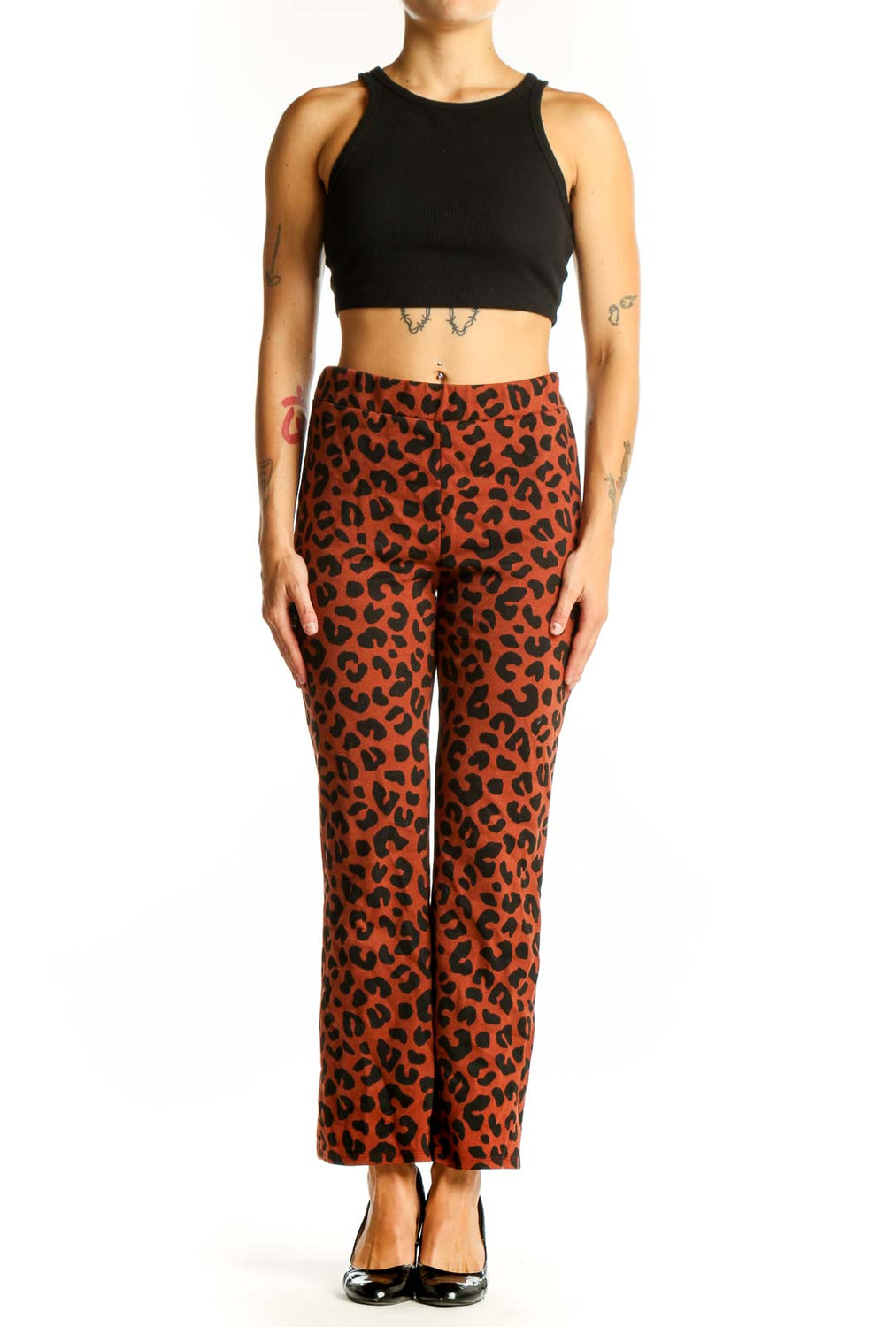 Front view of rust-colored leopard print straight leg pants