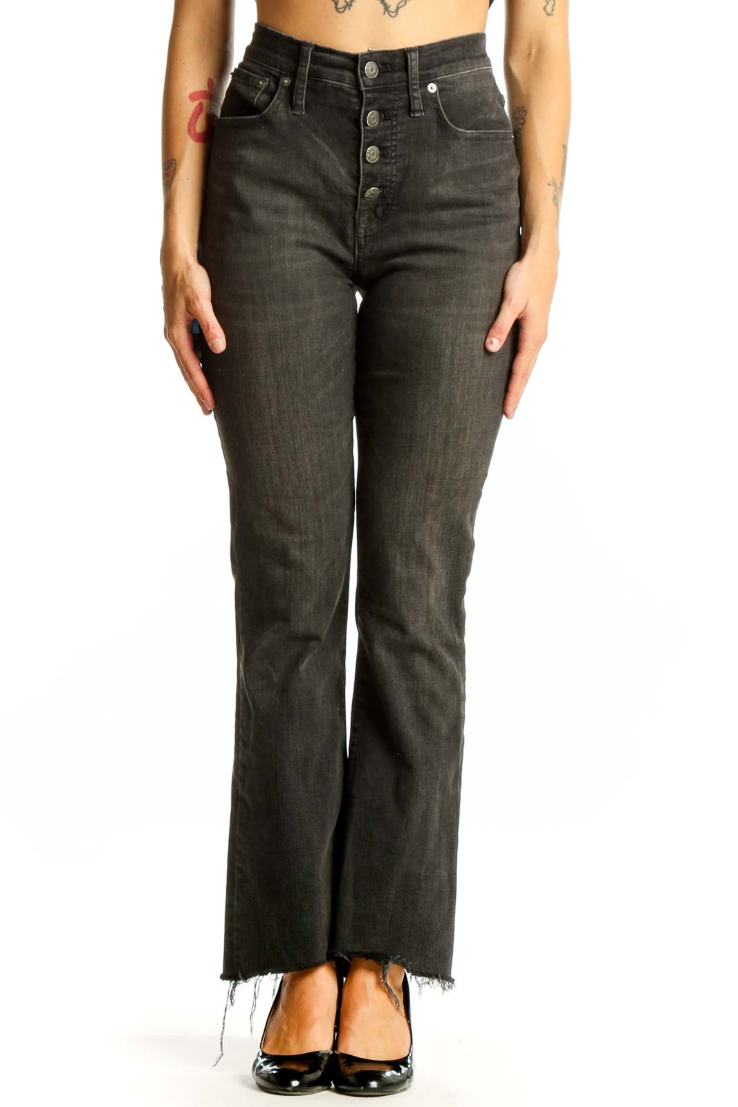 Front view of Madewell charcoal gray high-waisted flared jeans