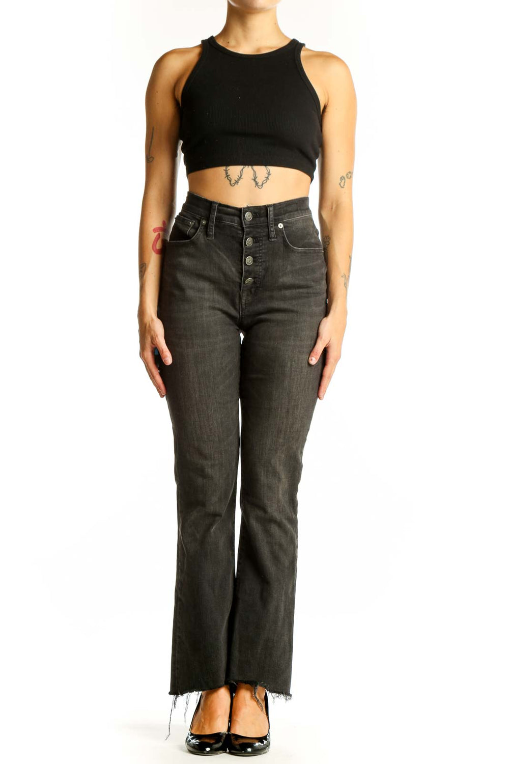 Front view of Madewell charcoal gray high-waisted flared jeans