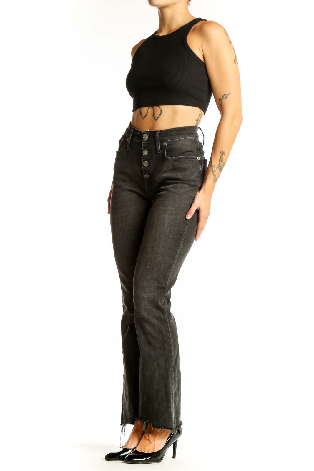 Front view of Madewell charcoal gray high-waisted flared jeans