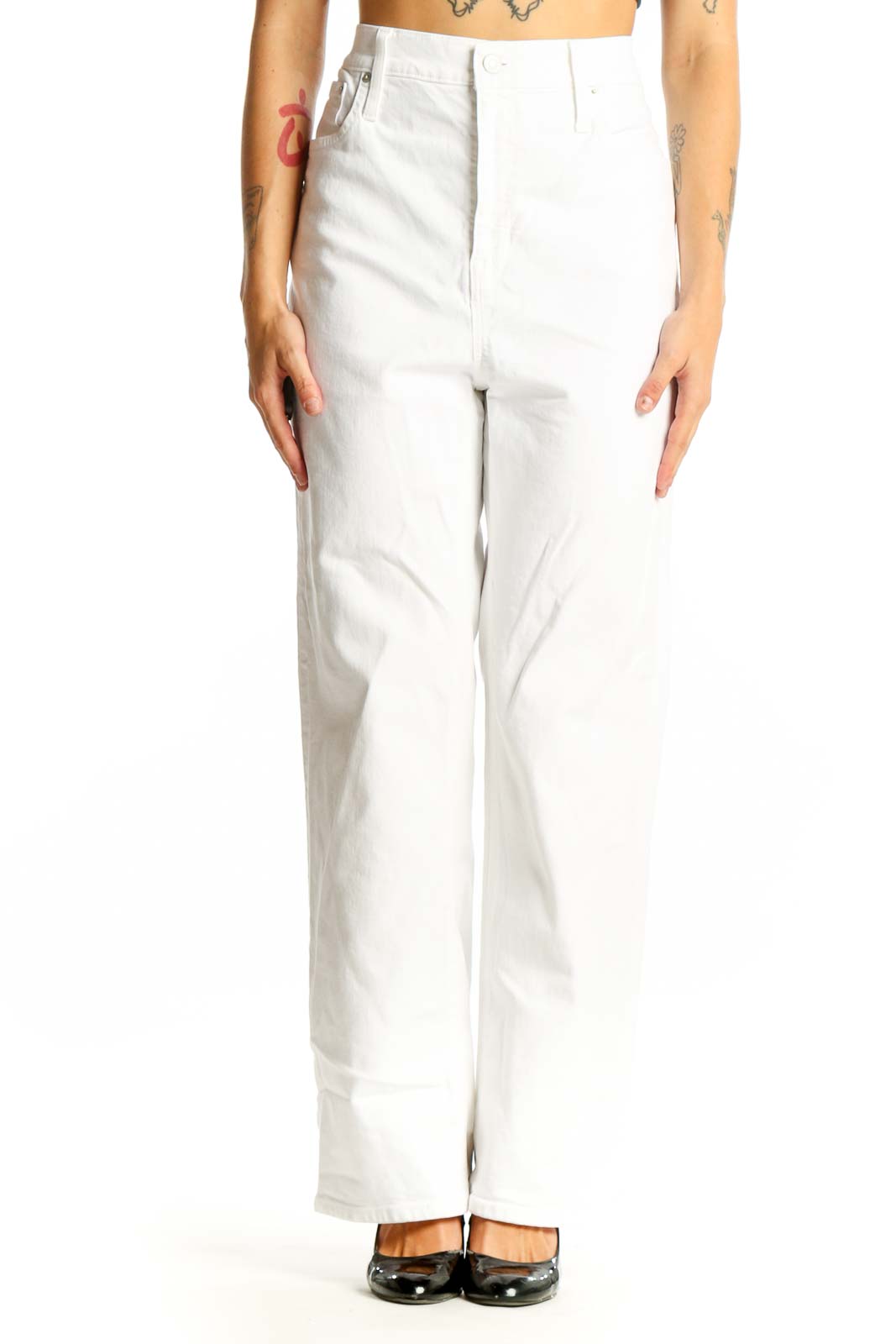 Front view of white high-waisted straight-leg jeans from J.Crew