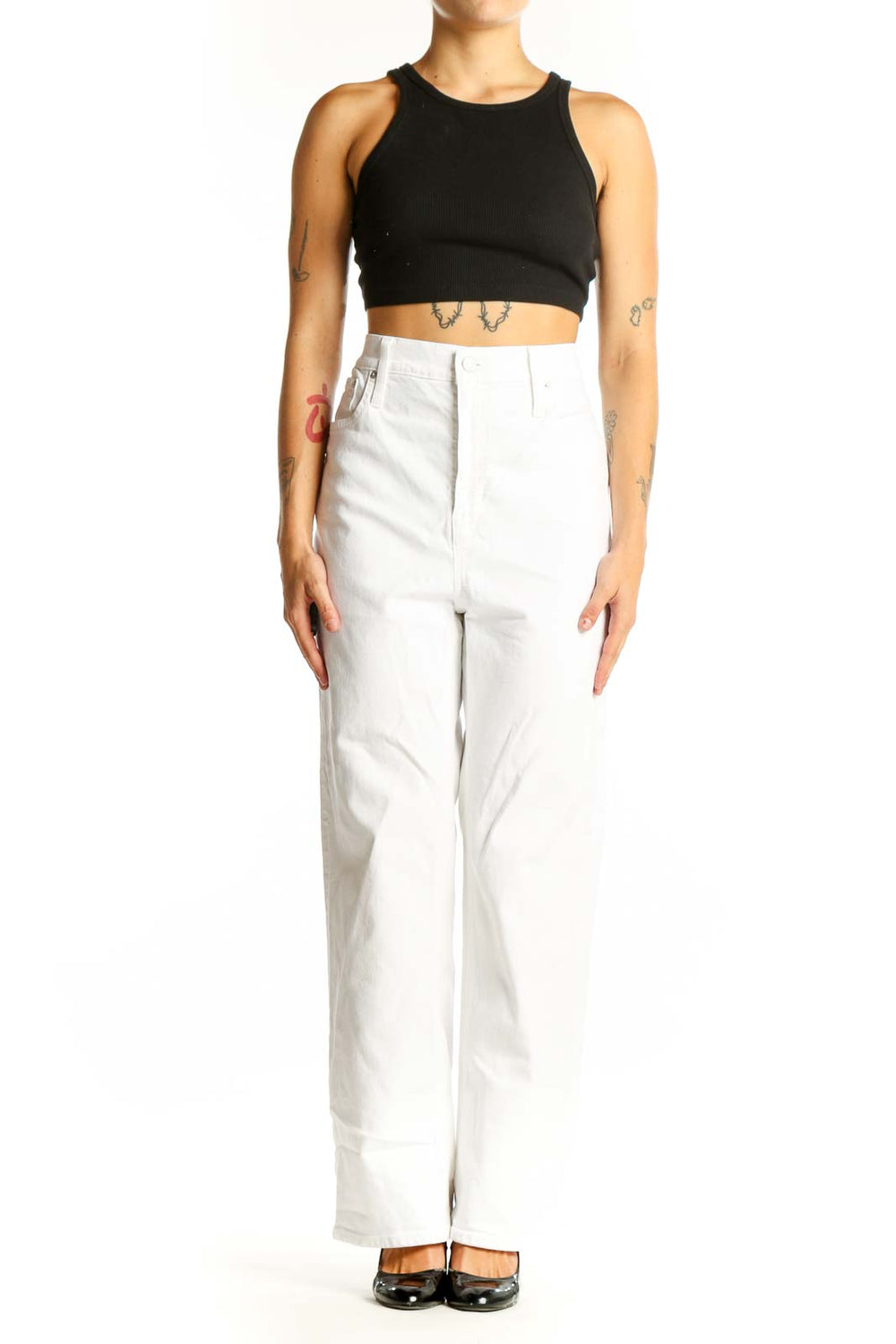 Front view of white high-waisted straight-leg jeans from J.Crew