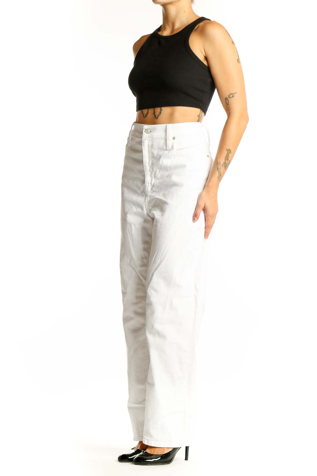Front view of white high-waisted straight-leg jeans from J.Crew