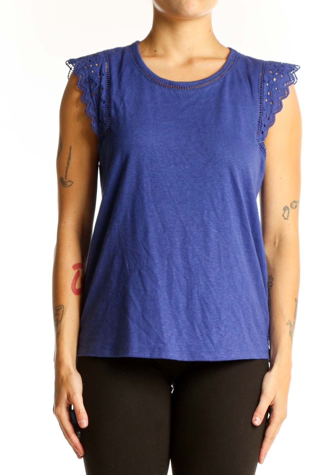 Front view of blue Daniel Rainn sleeveless top with lace-trimmed cap sleeves