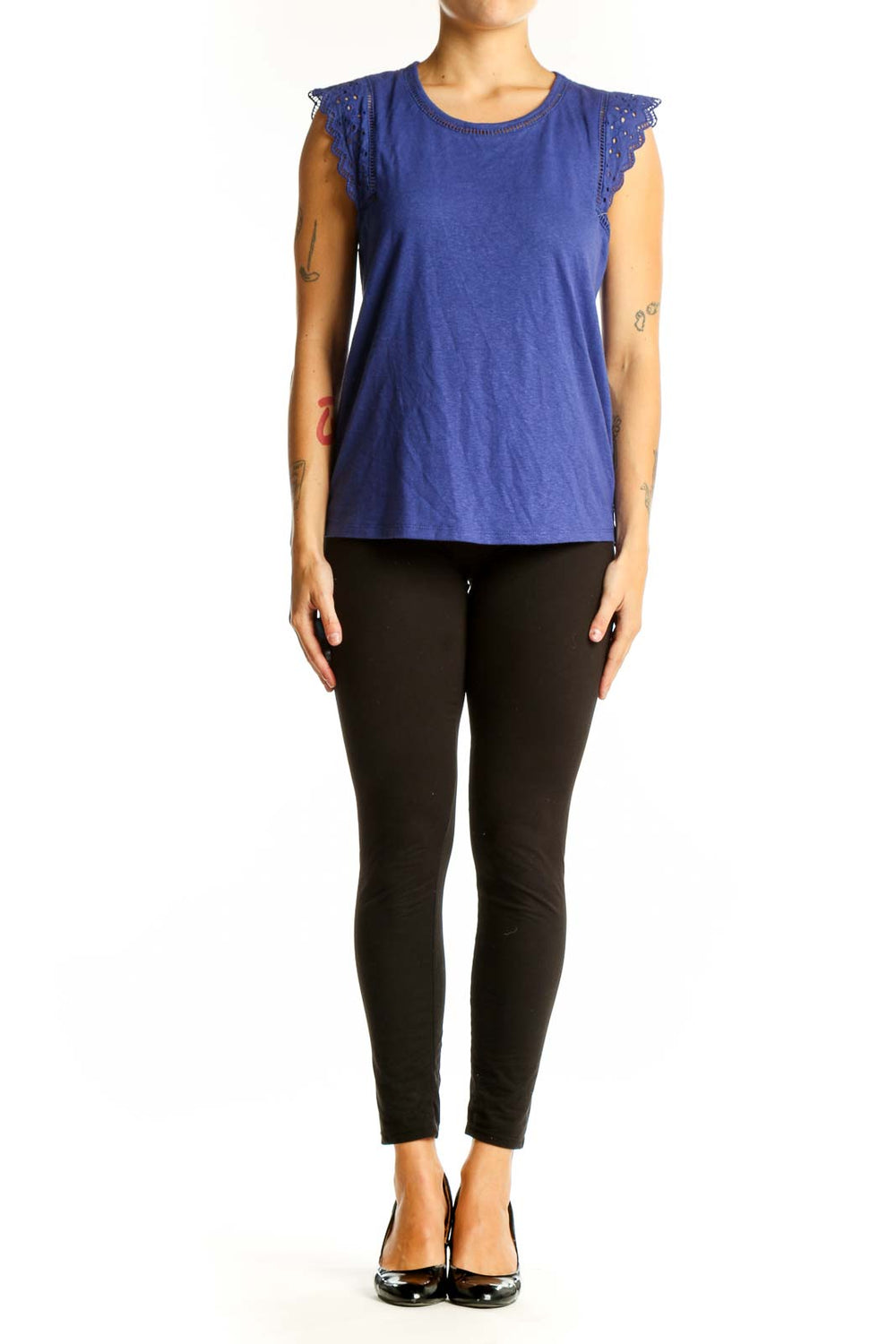 Front view of blue Daniel Rainn sleeveless top with lace-trimmed cap sleeves