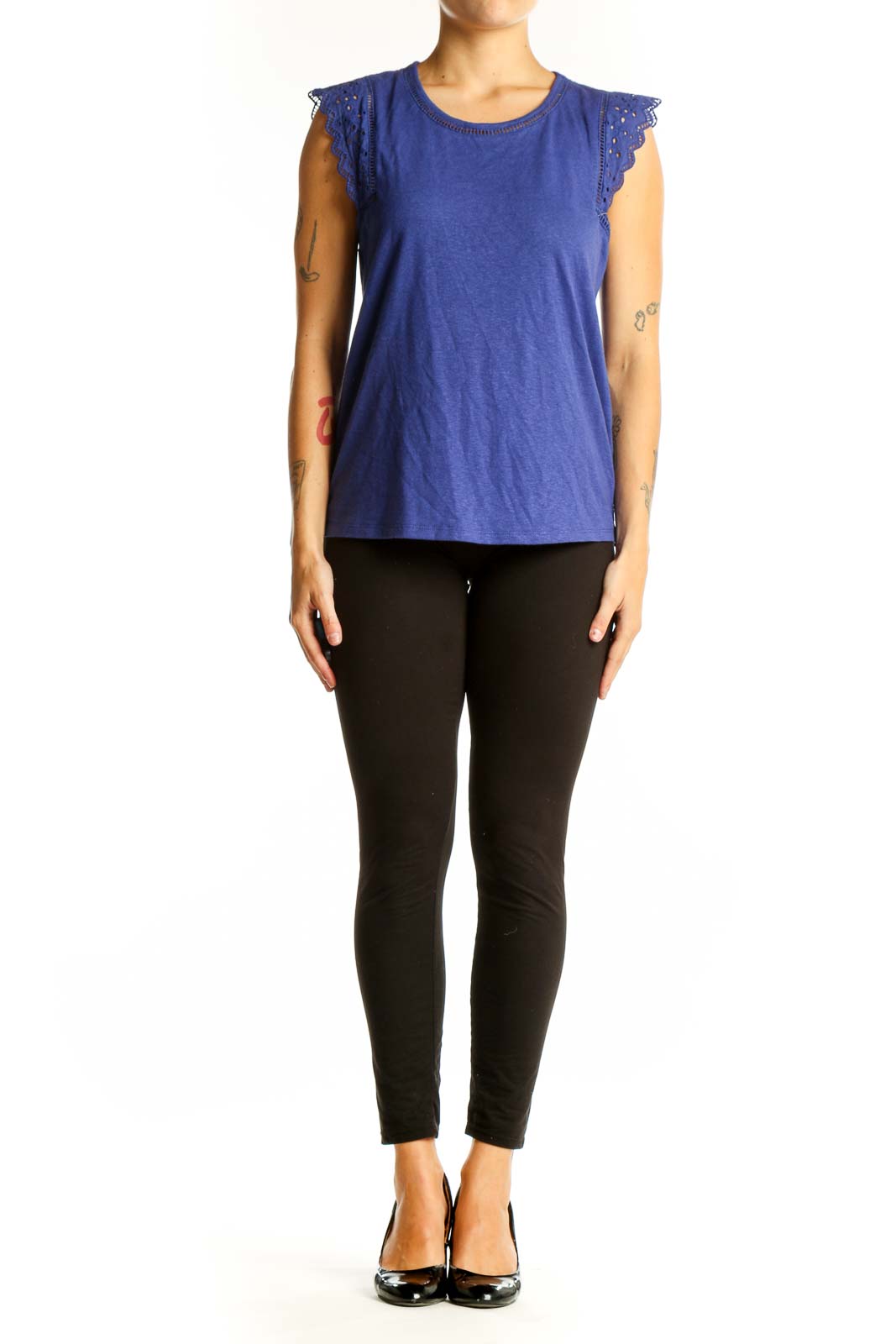 Front view of blue Daniel Rainn sleeveless top with lace-trimmed cap sleeves