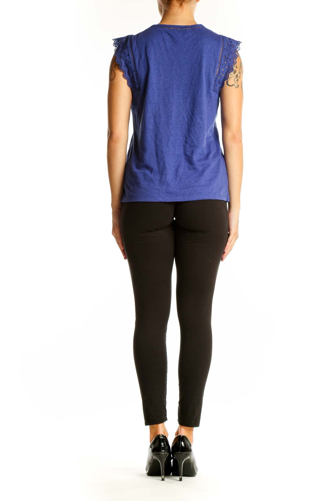 Side view of blue Daniel Rainn sleeveless top showing lace detail on cap sleeves