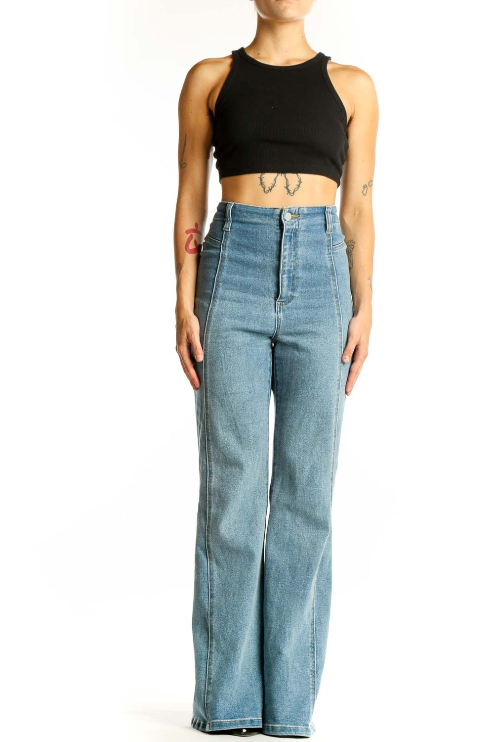 Front view of light blue high-waisted wide-leg jeans from Icone by Par Simons