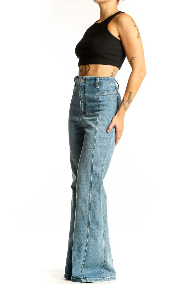 Front view of light blue high-waisted wide-leg jeans from Icone by Par Simons