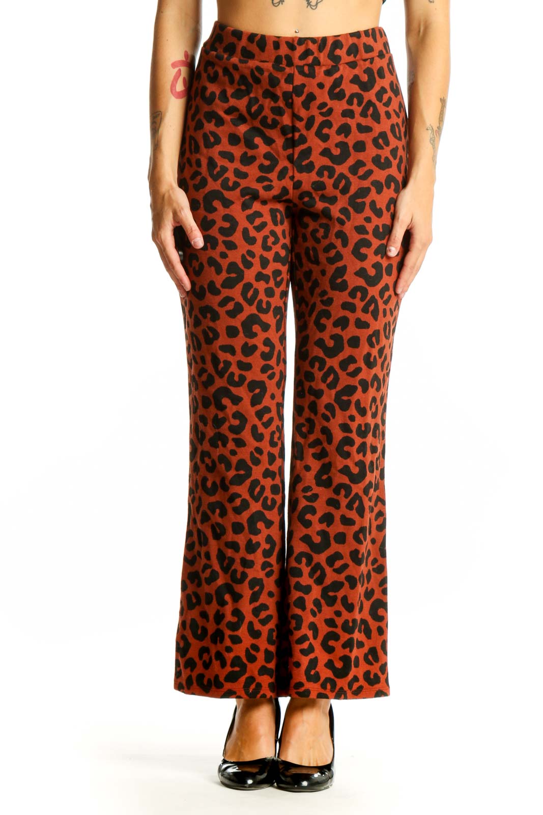 Front view of rust leopard print wide-leg pants from Marine Layer