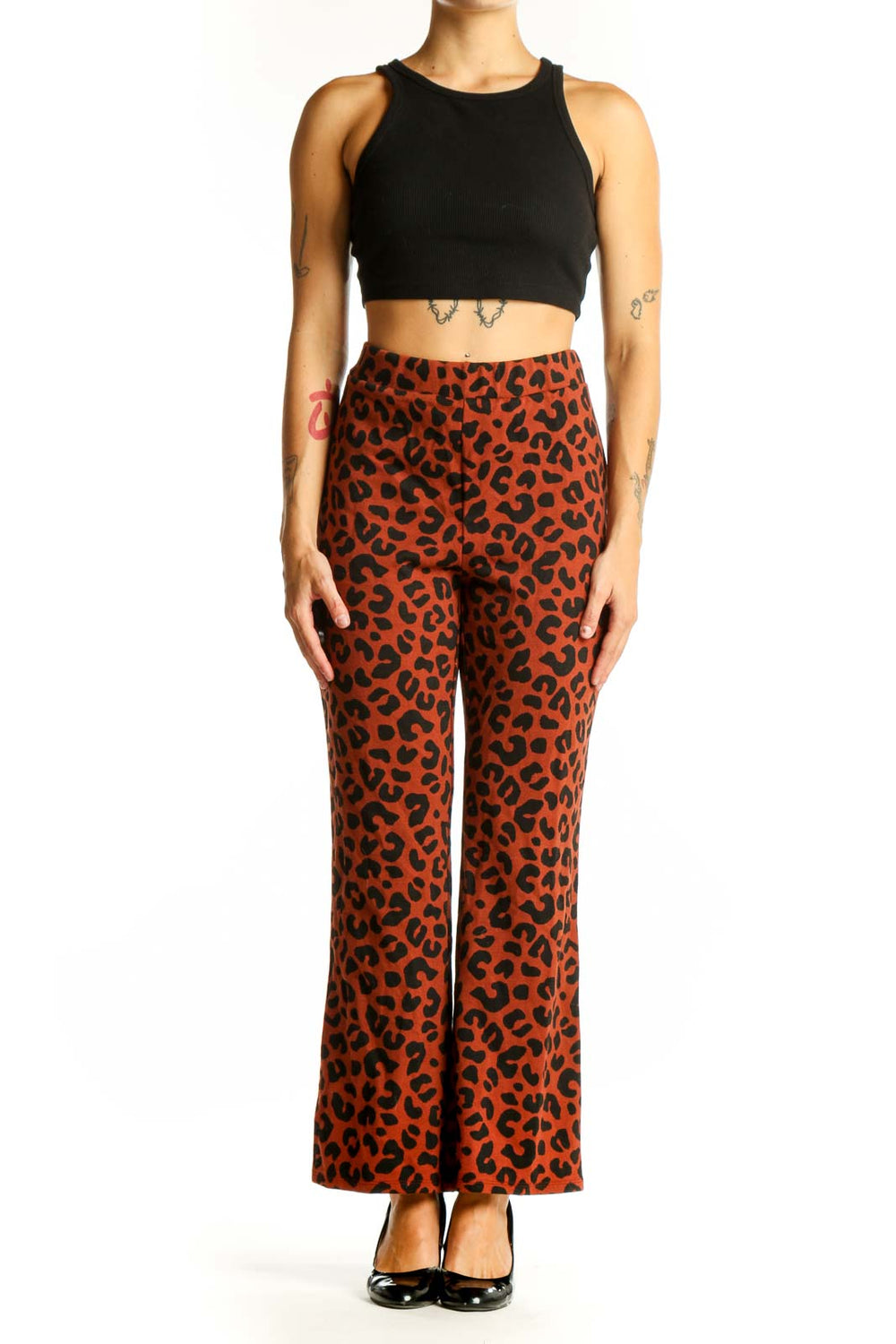 Front view of rust leopard print wide-leg pants from Marine Layer