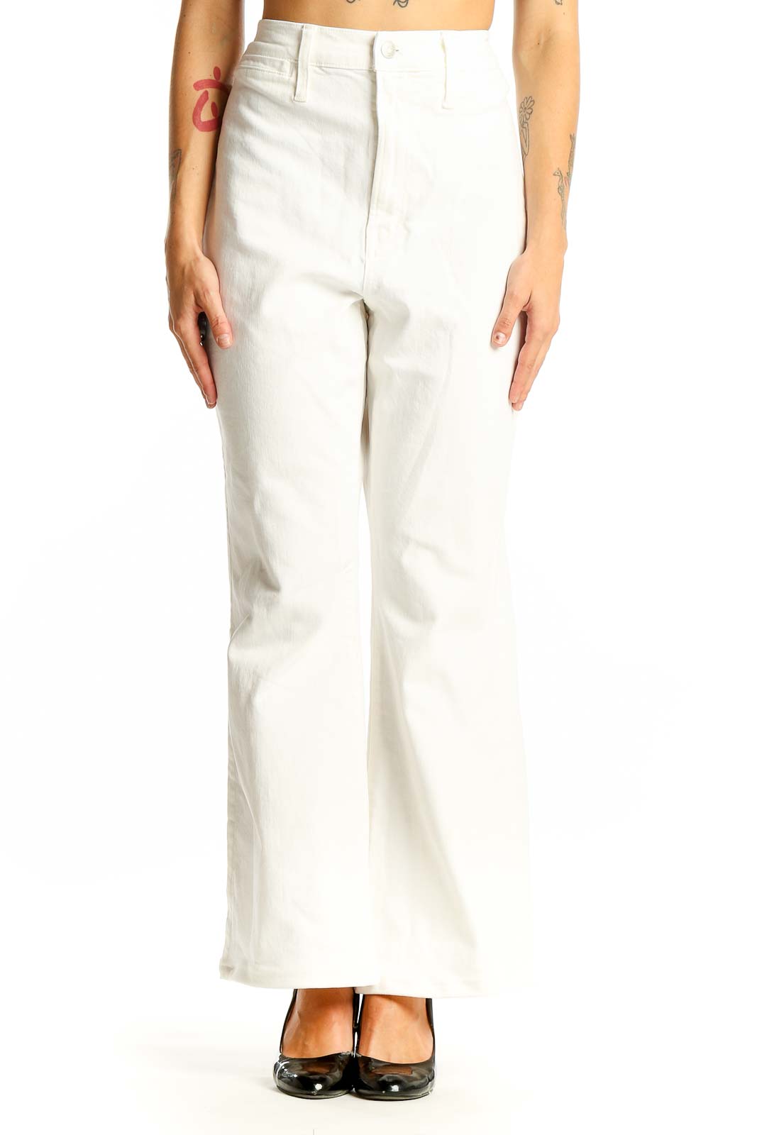 Front view of Madewell white high-waisted wide-leg jeans on model