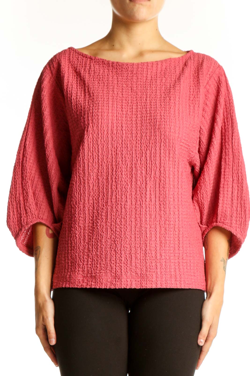 Front view of pink textured LOFT top with balloon sleeves