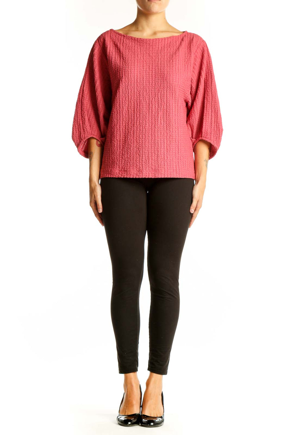 Front view of pink textured LOFT top with balloon sleeves