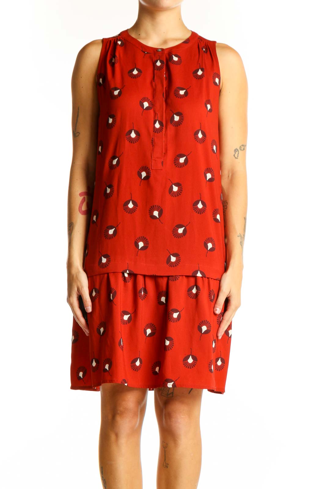 Front view of red floral print sleeveless dress from LOFT