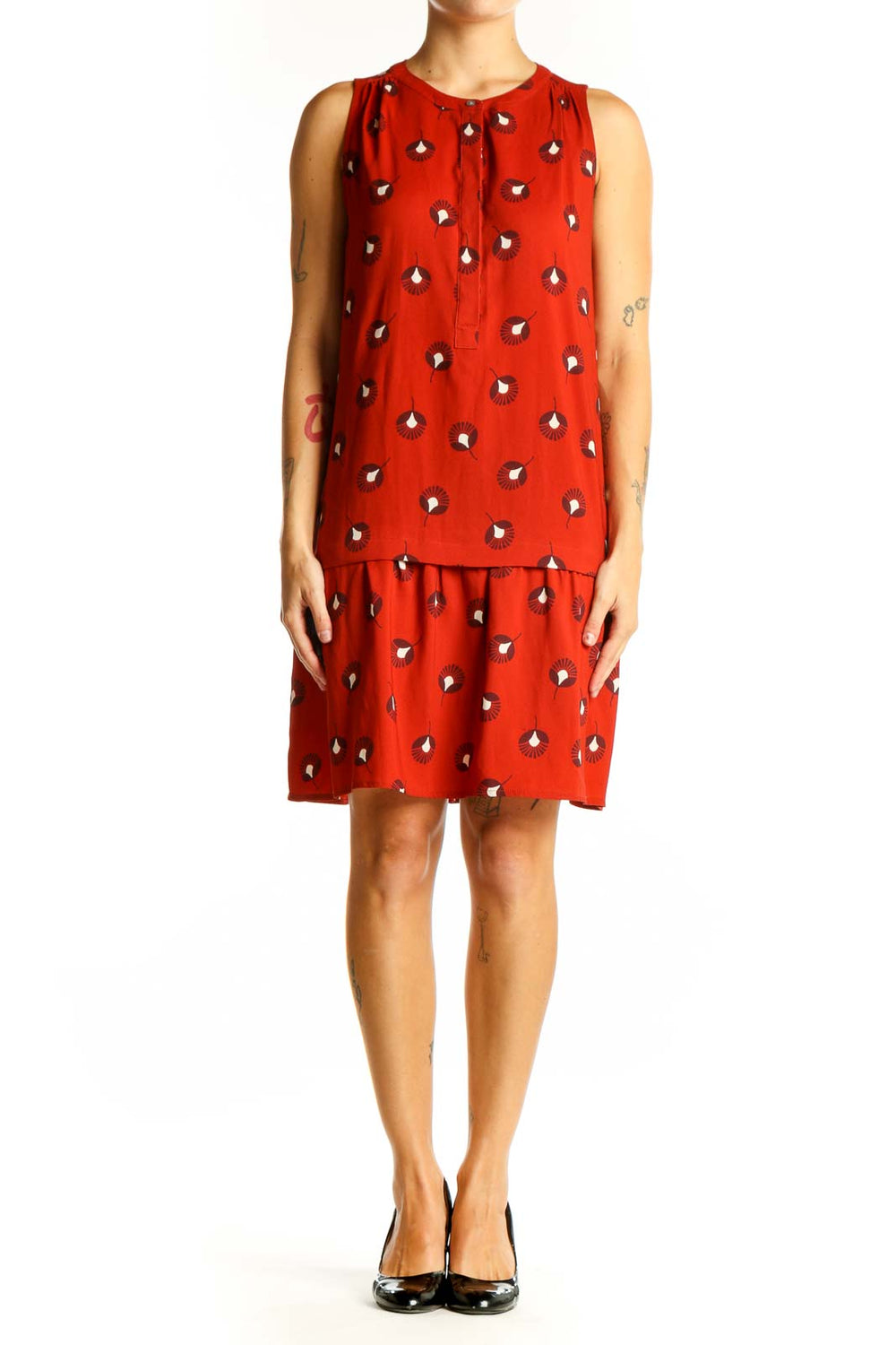 Front view of red floral print sleeveless dress from LOFT