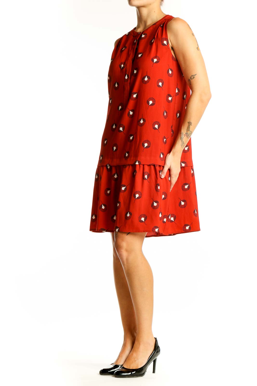 Front view of red floral print sleeveless dress from LOFT