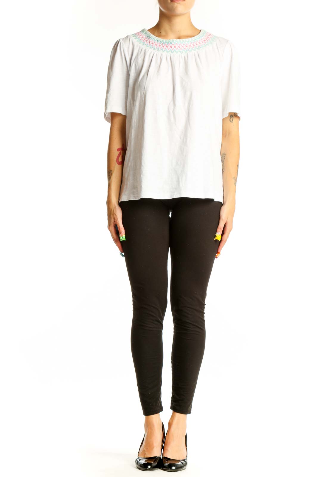 Front view of white Boden cotton top with embroidered neckline