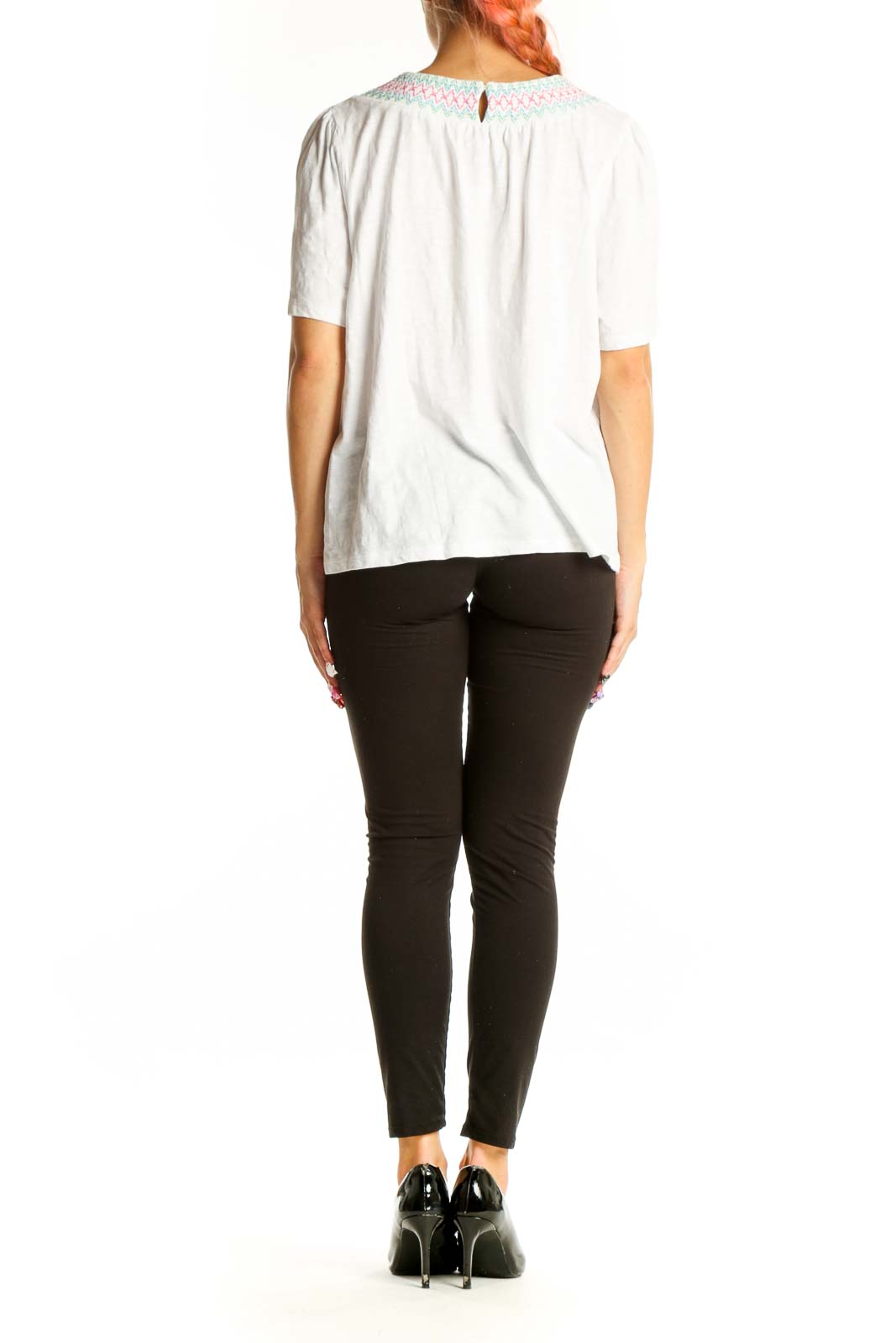 Side view of white Boden cotton top showing relaxed fit