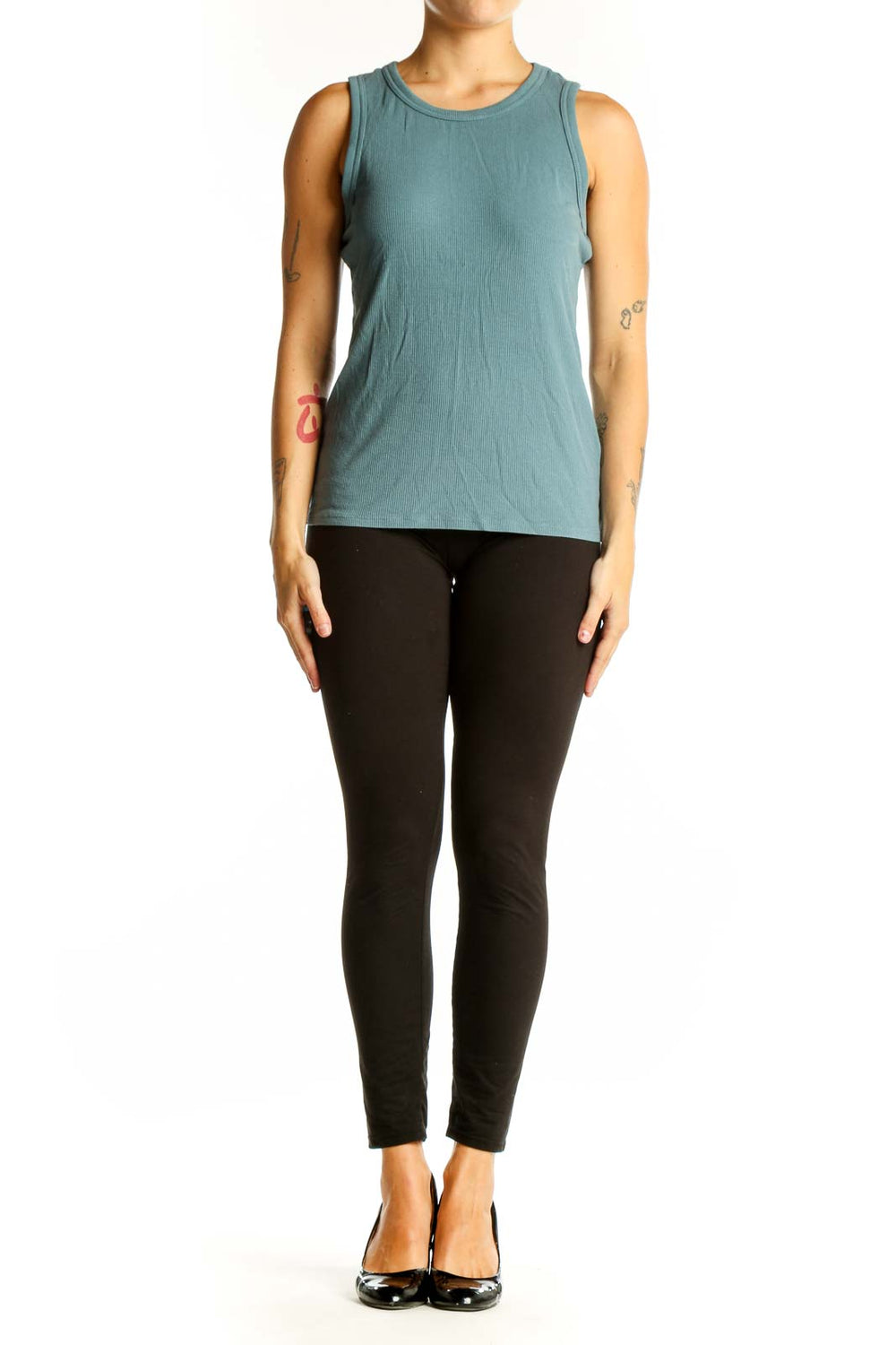 Front view of teal ribbed sleeveless tank top by Halogen