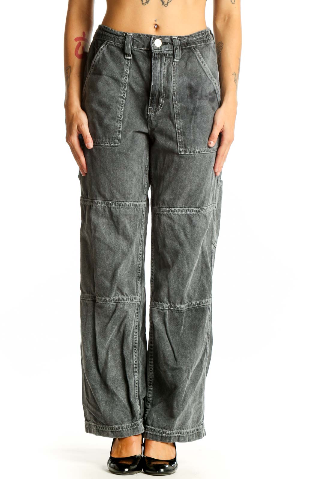 Front view of BDG gray washed cotton cargo jeans with wide legs and utility pockets