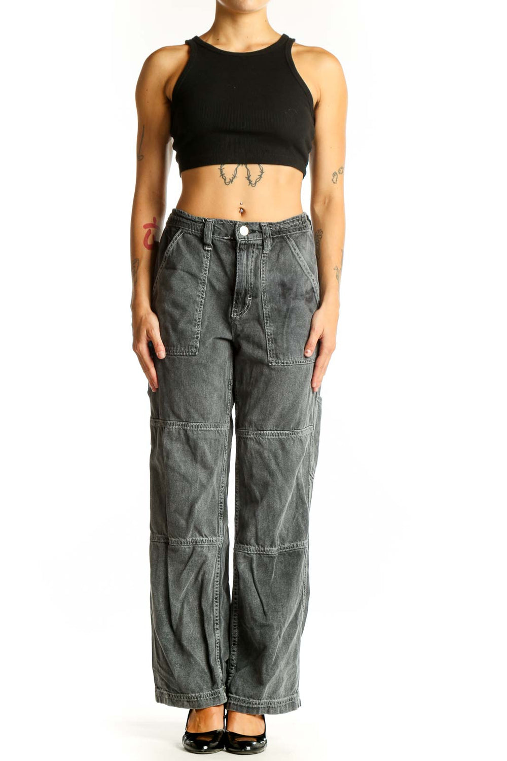 Front view of BDG gray washed cotton cargo jeans with wide legs and utility pockets