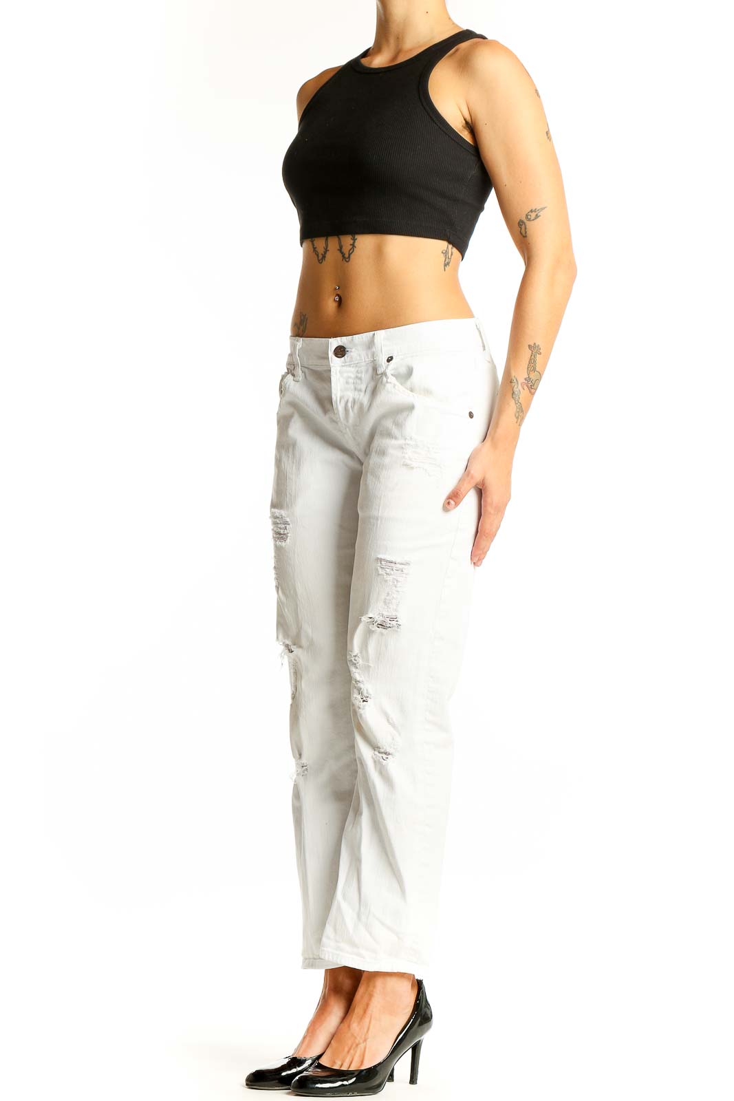 Front view of white distressed slim fit jeans by Citizens of Humanity