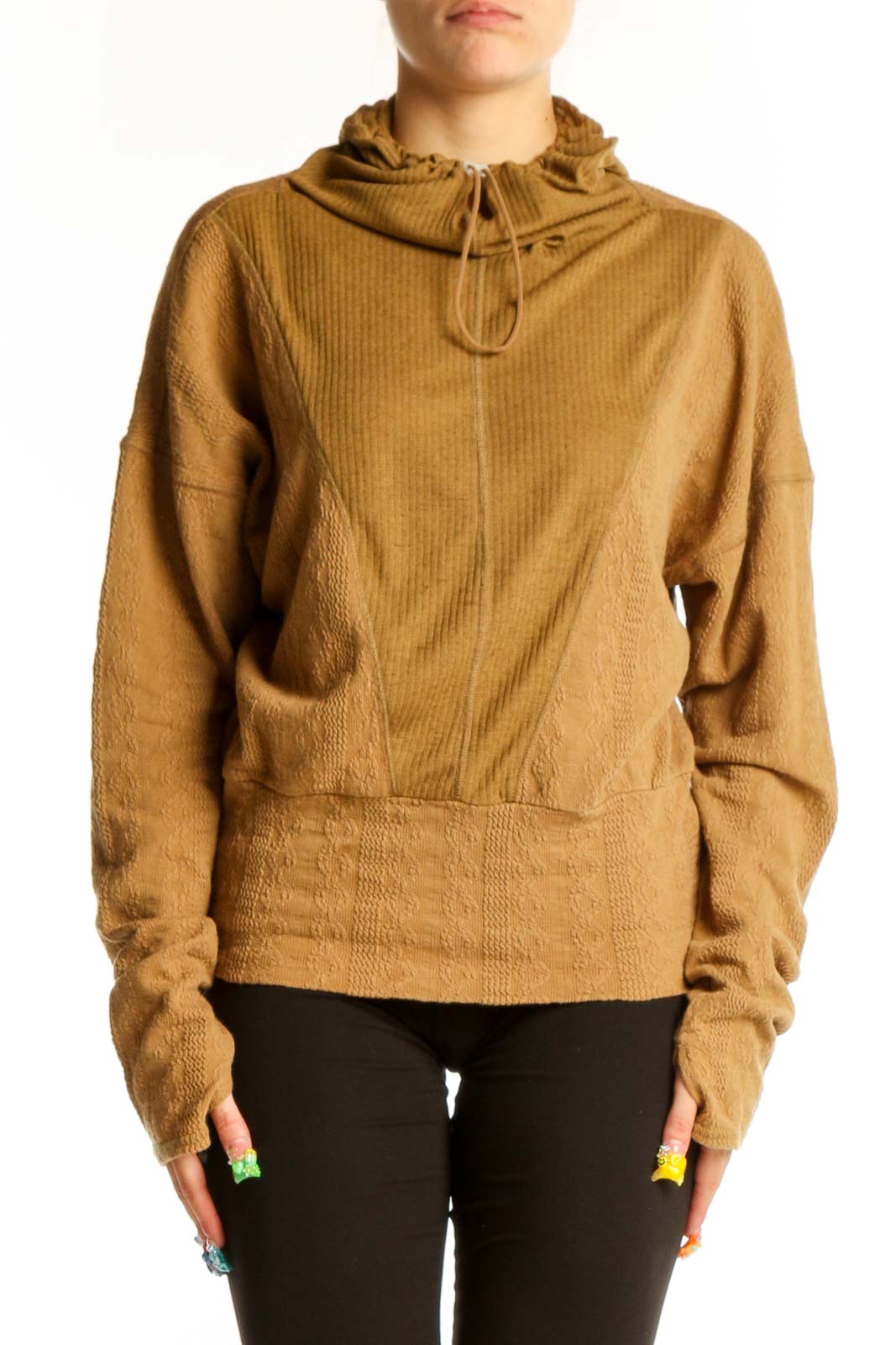 Front view of camel-colored ribbed drawstring hoodie from FP Movement