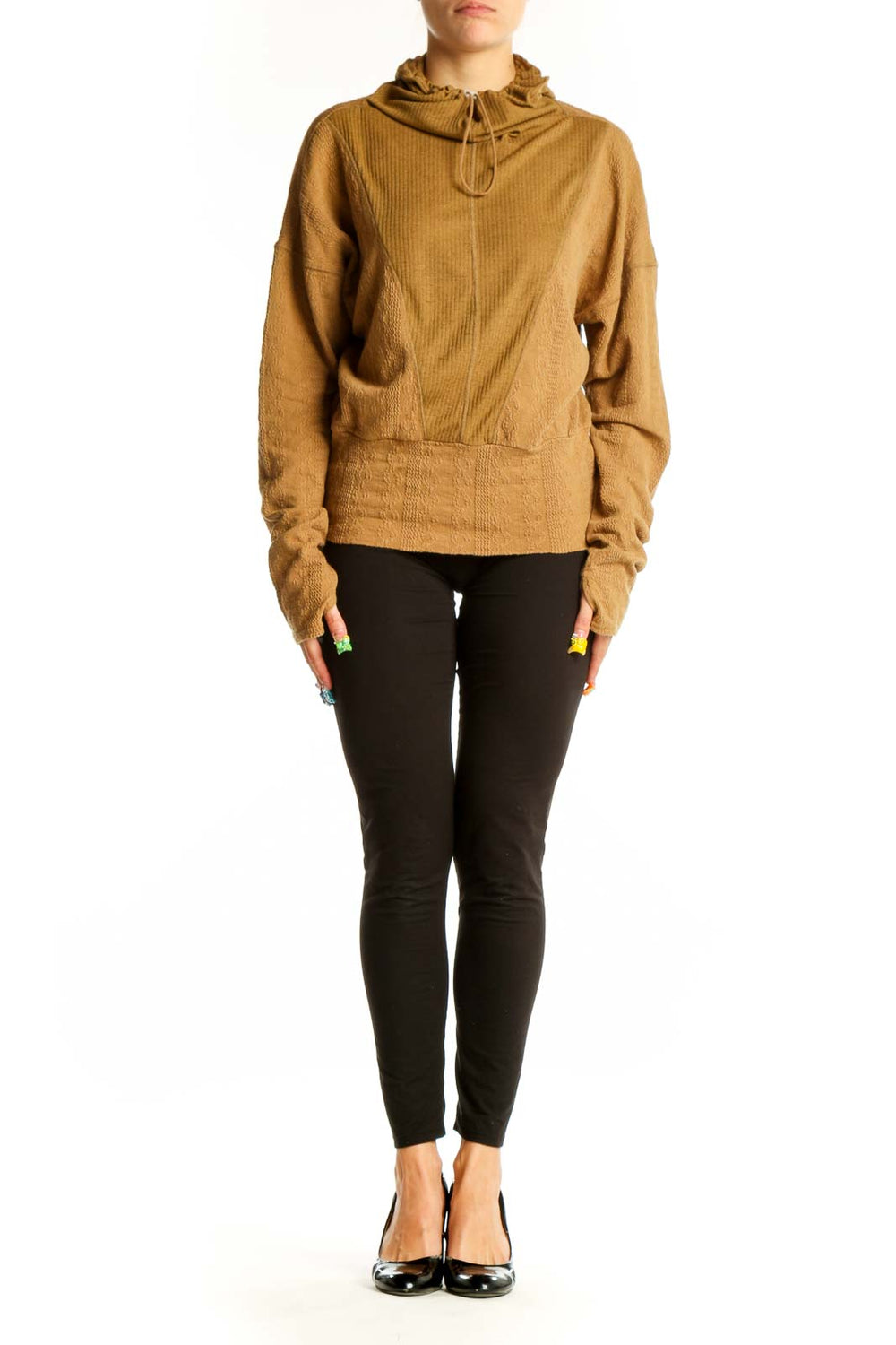 Front view of camel-colored ribbed drawstring hoodie from FP Movement