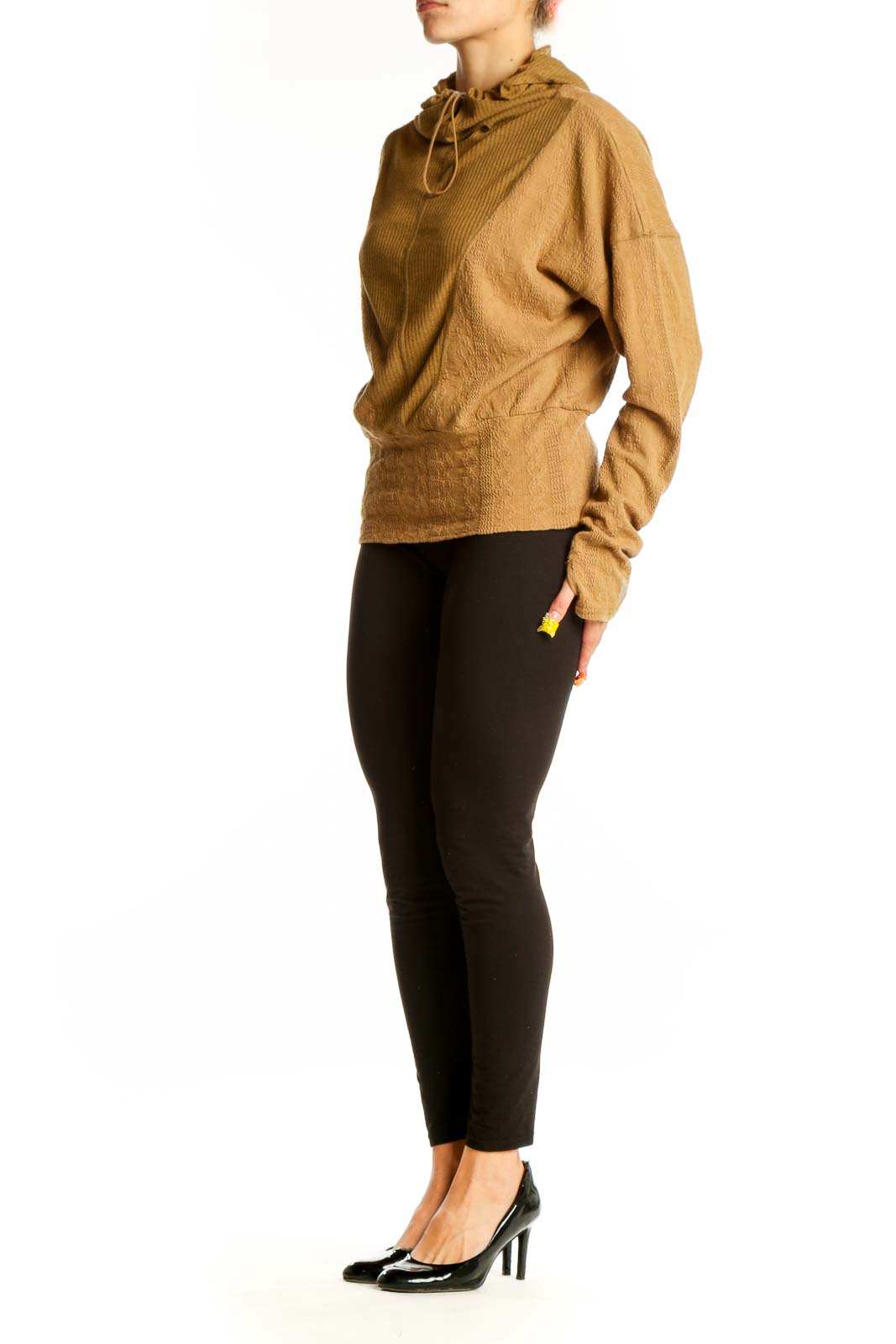 Front view of camel-colored ribbed drawstring hoodie from FP Movement
