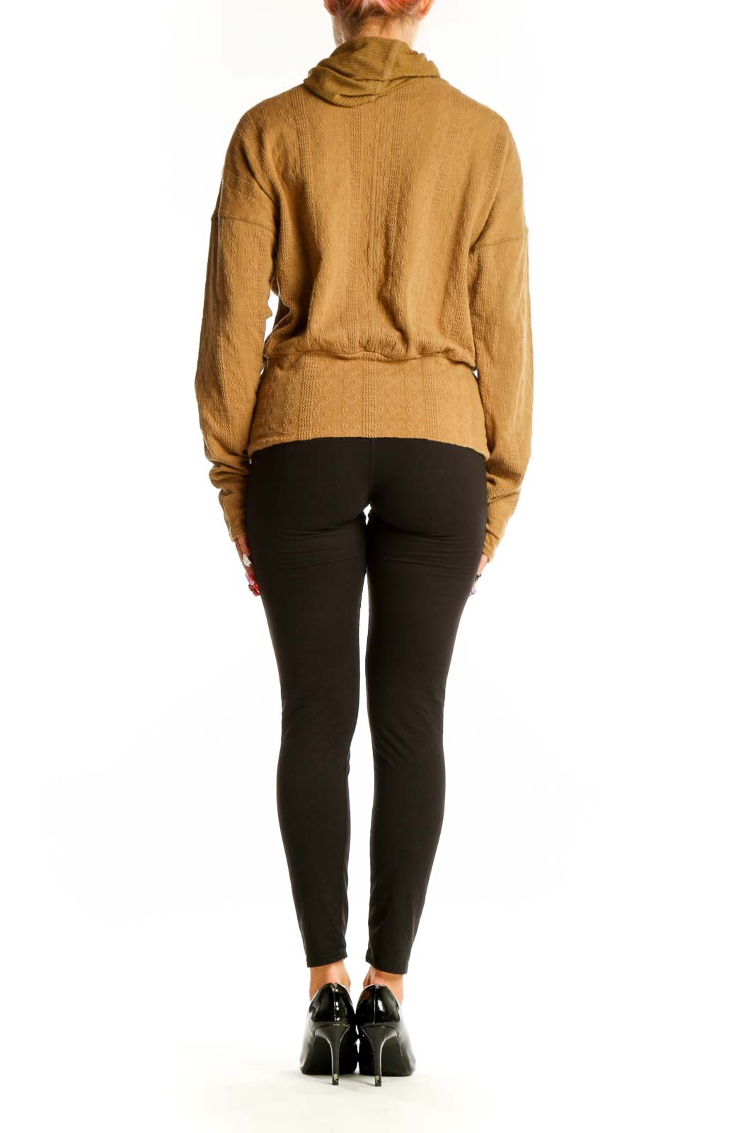 Back view of camel-colored ribbed drawstring hoodie from FP Movement