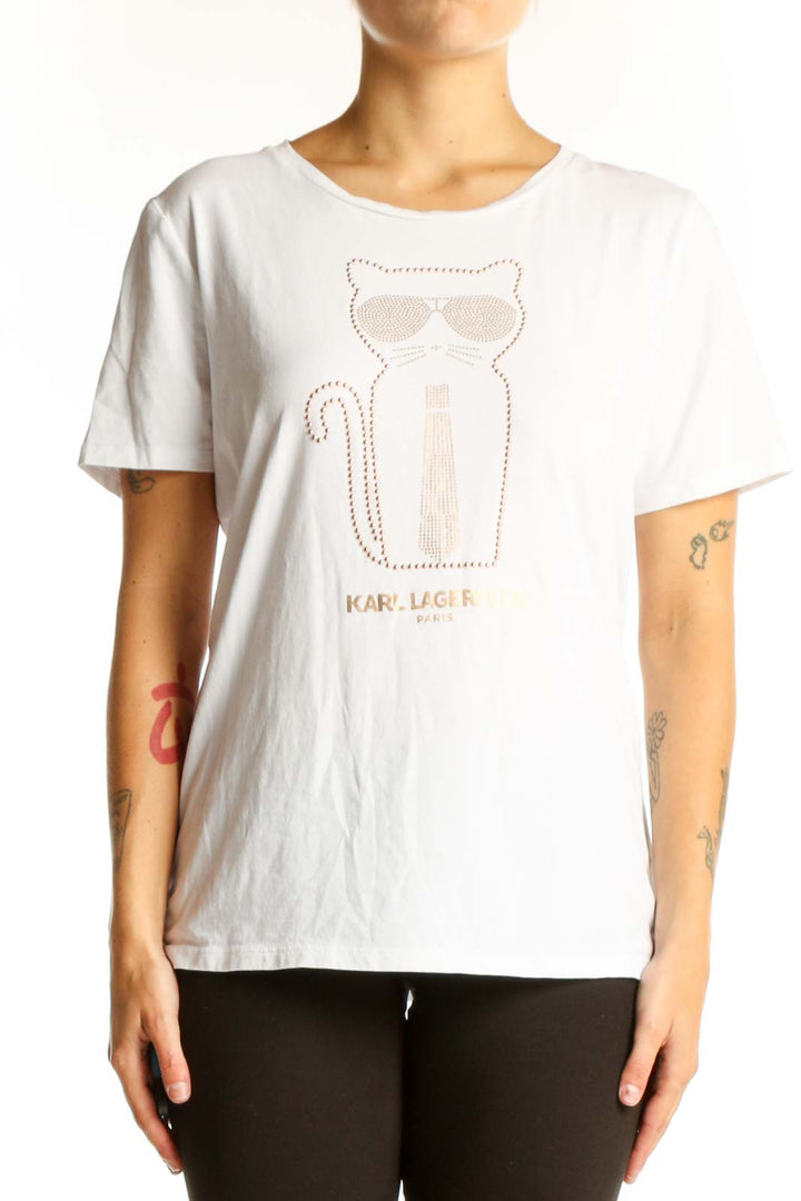 Front view of white Karl Lagerfeld Paris t-shirt with rose gold cat graphic