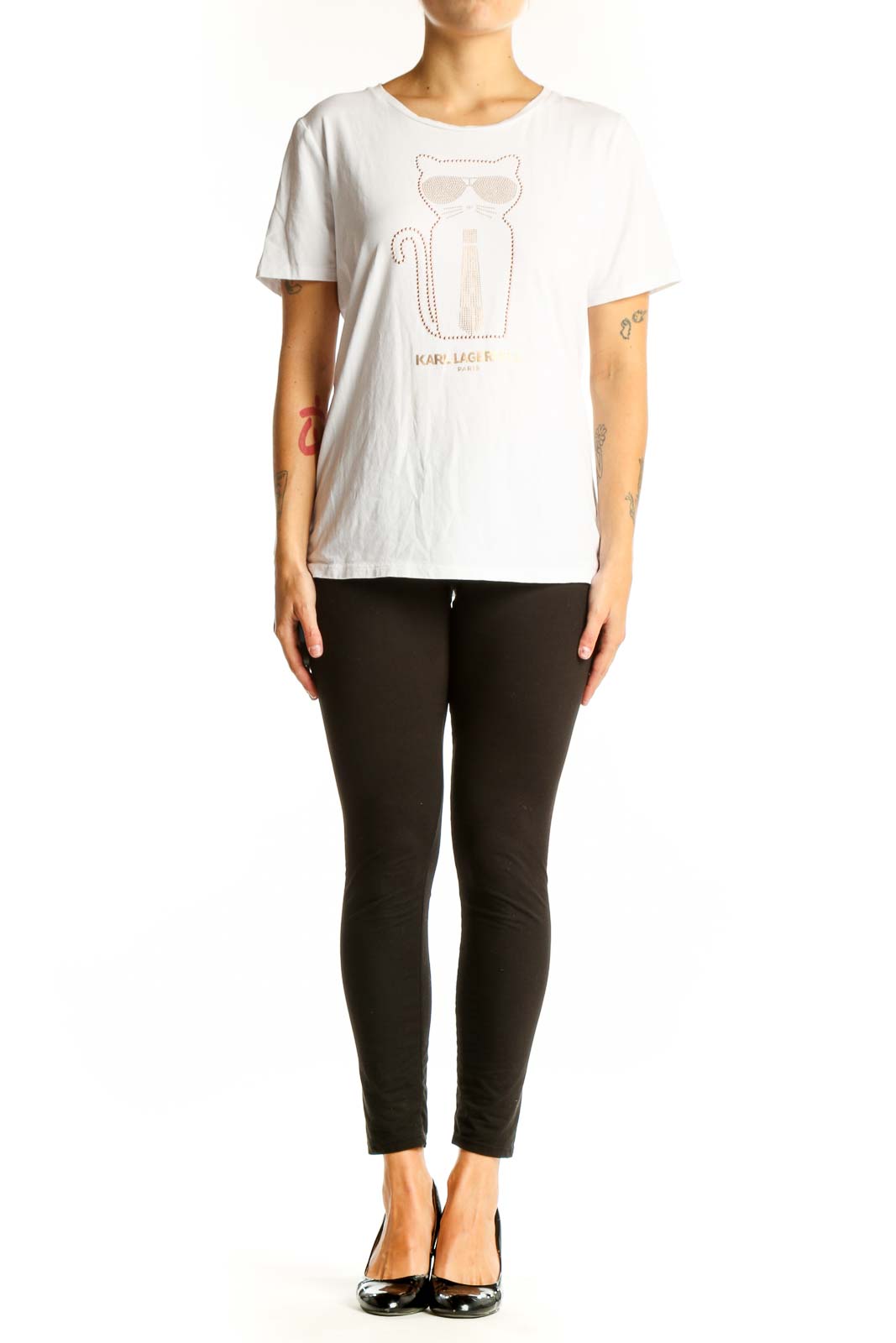 Front view of white Karl Lagerfeld Paris t-shirt with rose gold cat graphic