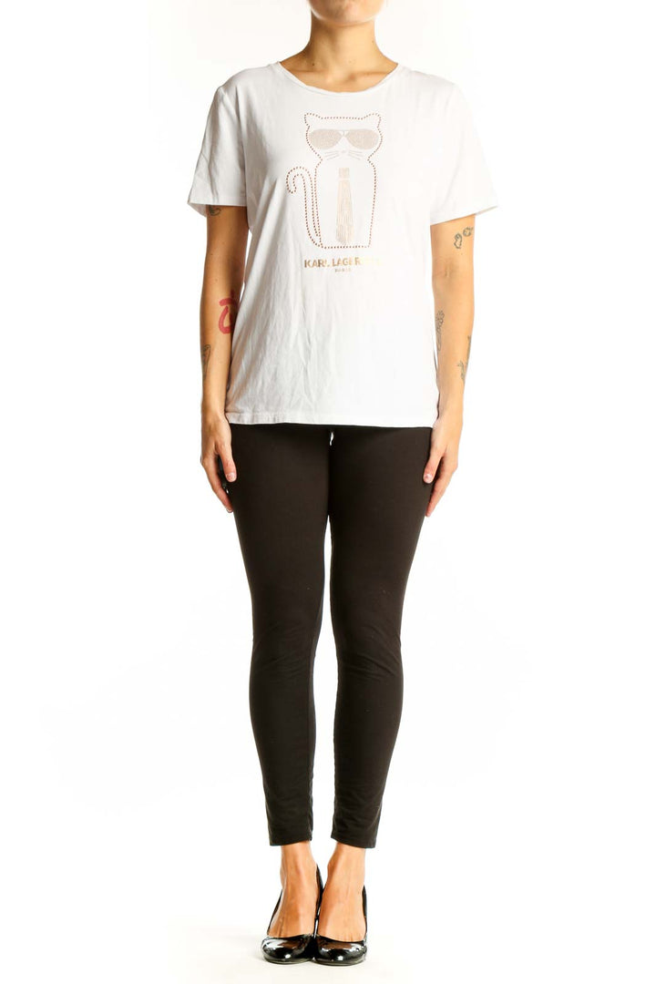 Front view of white Karl Lagerfeld Paris t-shirt with rose gold cat graphic